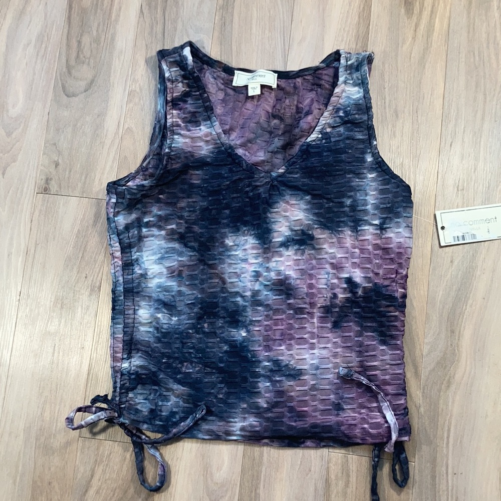 No Comment top tie dye print honeycomb stretch sleeveless shirt boho L jr